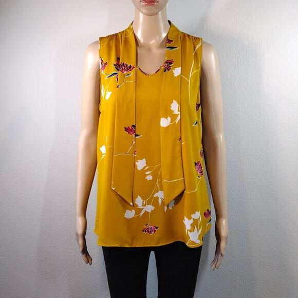 Apt. 9 Yellow Floral V-Neck Spring Summer Tank Top Wrap Around Flowy Shirt M - Picture 2 of 14